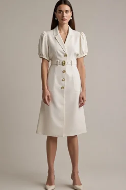 Vestido de trabalho Ivory Satin Notched Lapela Midi com cinto