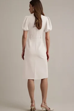 Vestido de trabalho Ivory Satin Notched Lapela Midi com cinto