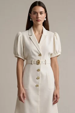 Vestido de trabalho Ivory Satin Notched Lapela Midi com cinto