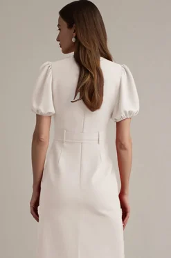 Vestido de trabalho Ivory Satin Notched Lapela Midi com cinto