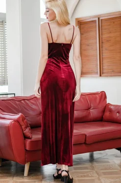 Vestido de veludo vermelho cintas de espaguete
