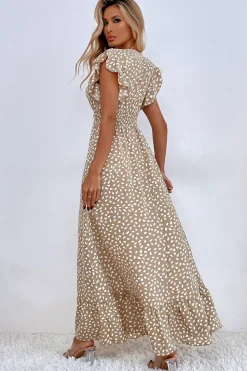 Vestido de Verã Longo Rio Khaki Linha-A Mangas Curtas