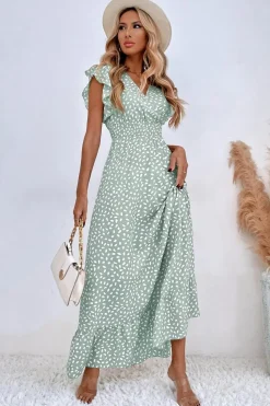 Vestido de Verã Longo Rio Khaki Linha-A Mangas Curtas