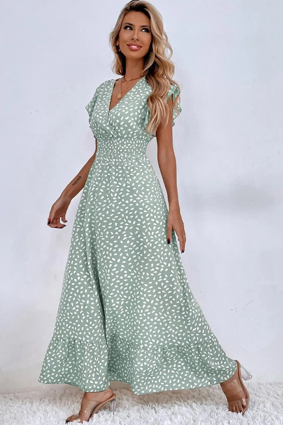 Vestido de Verã Longo Rio Khaki Linha-A Mangas Curtas