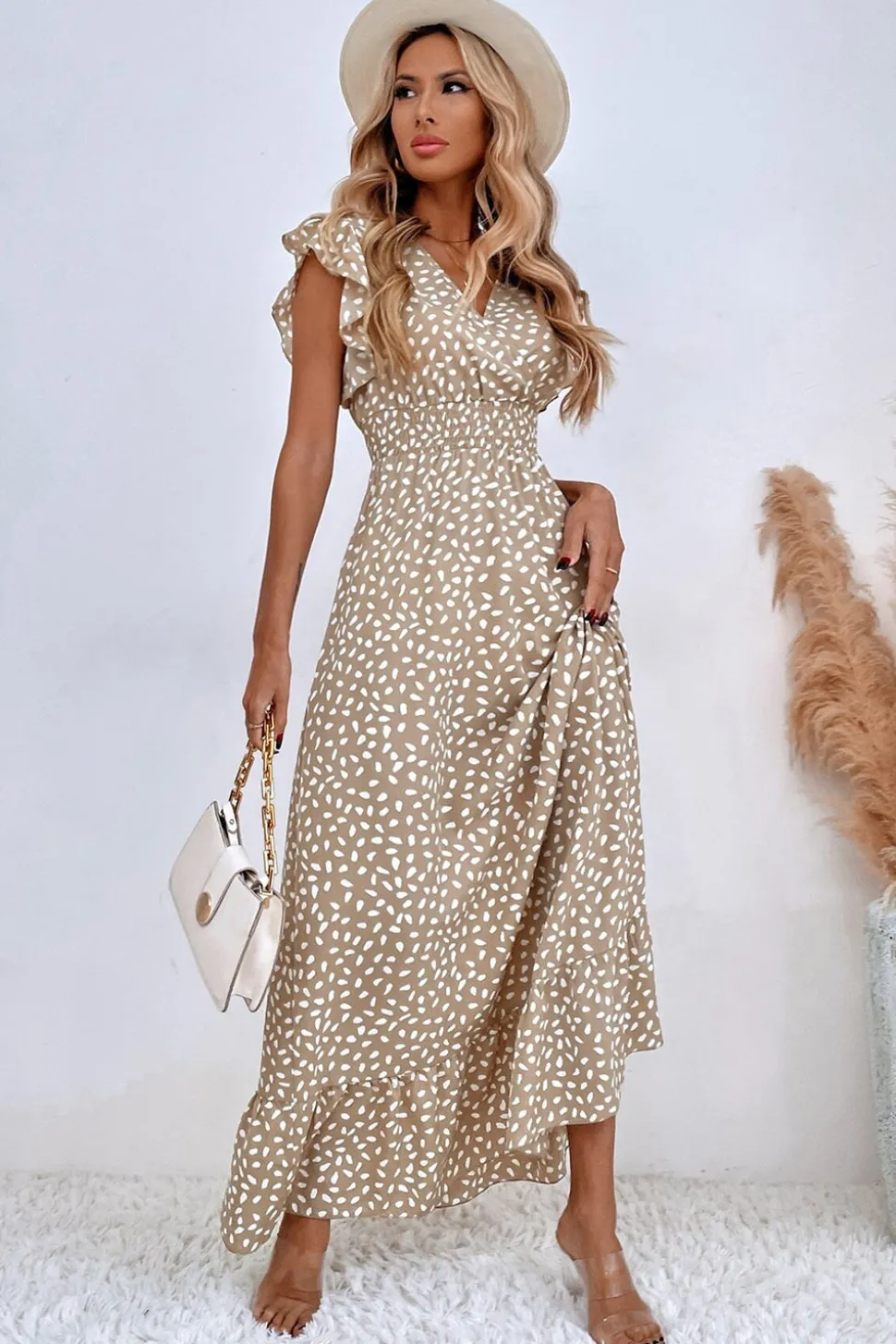 Vestido de Verã Longo Rio Khaki Linha-A Mangas Curtas