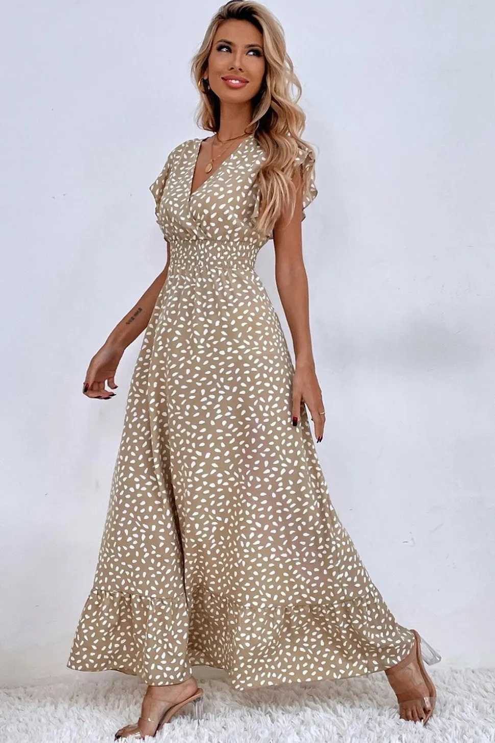 Vestido de Verã Longo Rio Khaki Linha-A Mangas Curtas