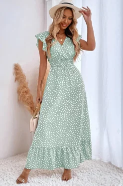 Vestido de Verã Longo Rio Khaki Linha-A Mangas Curtas