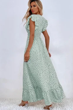 Vestido de Verã Longo Rio Khaki Linha-A Mangas Curtas