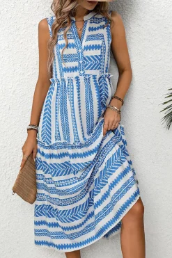 Vestido de Verão Azul Branco Midi Linha-A Decote em V