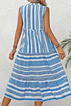 Vestido de Verão Azul Branco Midi Linha-A Decote em V