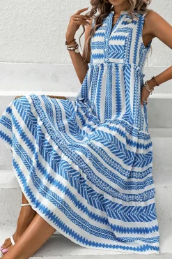 Vestido de Verão Azul Branco Midi Linha-A Decote em V