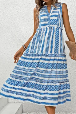 Vestido de Verão Azul Branco Midi Linha-A Decote em V