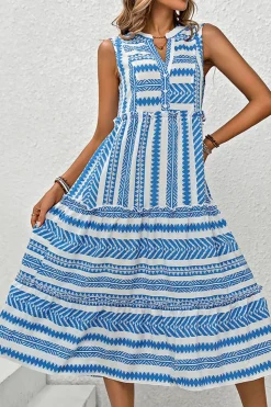 Vestido de Verão Azul Branco Midi Linha-A Decote em V