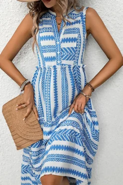 Vestido de Verão Azul Branco Midi Linha-A Decote em V