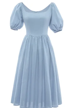 Vestido de verão azul de pescoço quadrado de estilo retro quadrado