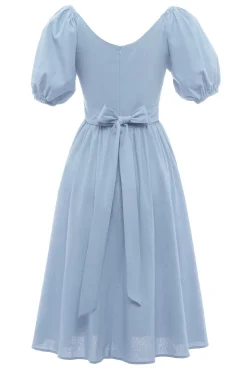 Vestido de verão azul de pescoço quadrado de estilo retro quadrado