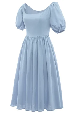 Vestido de verão azul de pescoço quadrado de estilo retro quadrado