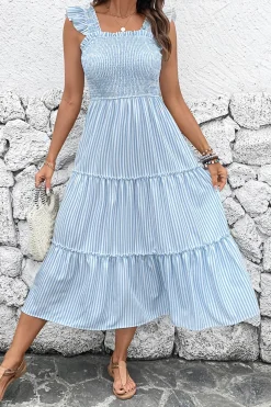 Vestido de Verão Azul Pescoço Quadrado Linha-A Midi