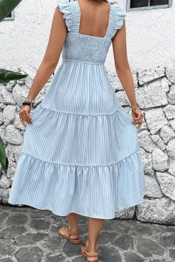 Vestido de Verão Azul Pescoço Quadrado Linha-A Midi
