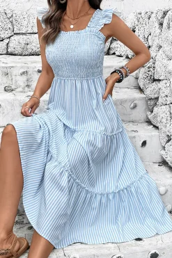 Vestido de Verão Azul Pescoço Quadrado Linha-A Midi