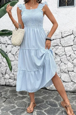 Vestido de Verão Azul Pescoço Quadrado Linha-A Midi