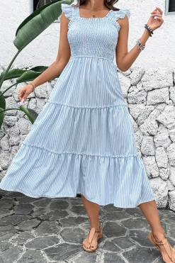Vestido de Verão Azul Pescoço Quadrado Linha-A Midi