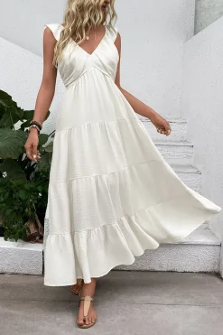 Vestido de Verão Branco Decote em V Longo Linha-A