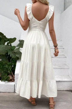 Vestido de Verão Branco Decote em V Longo Linha-A
