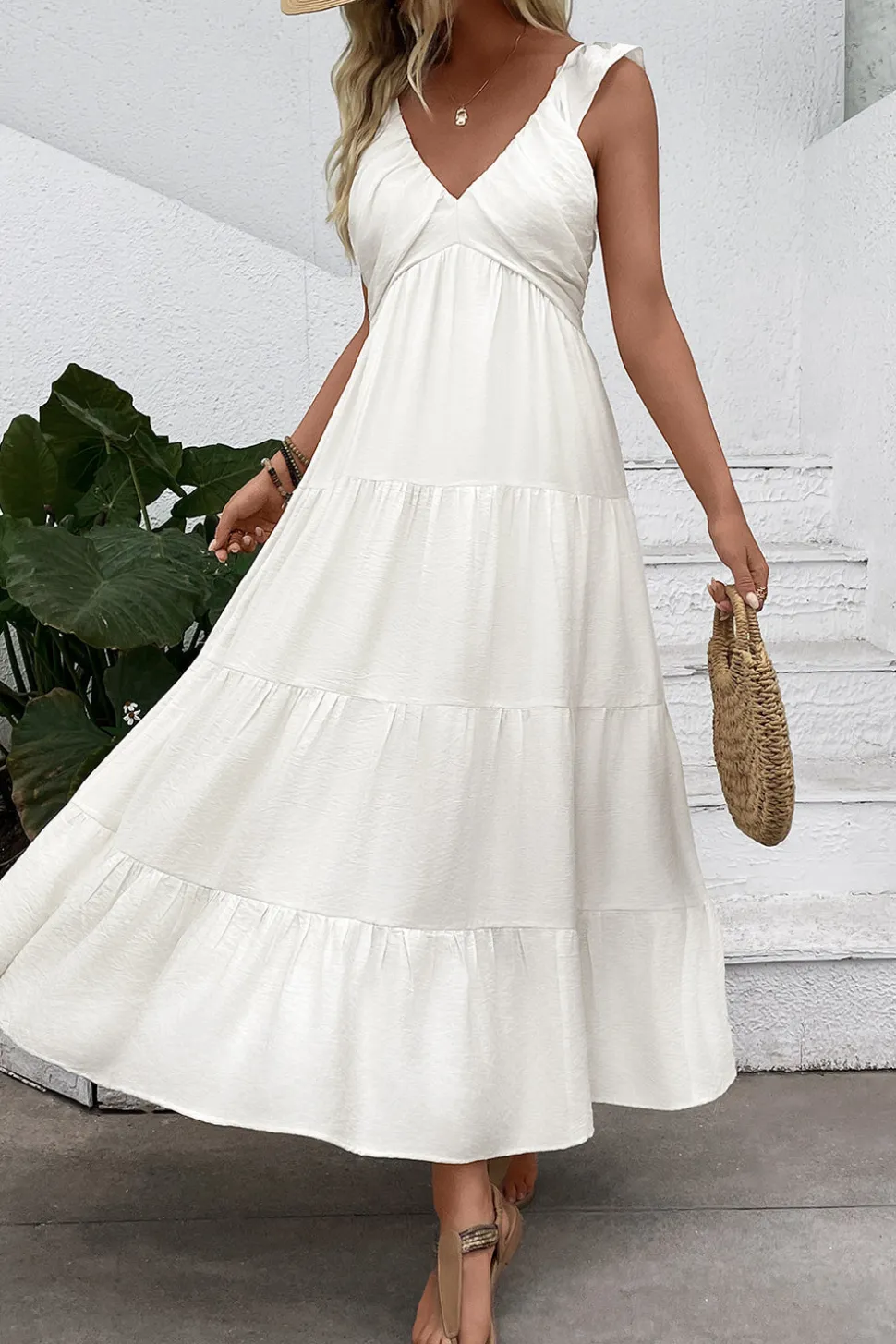Vestido de Verão Branco Decote em V Longo Linha-A