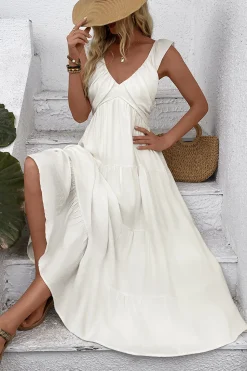 Vestido de Verão Branco Decote em V Longo Linha-A