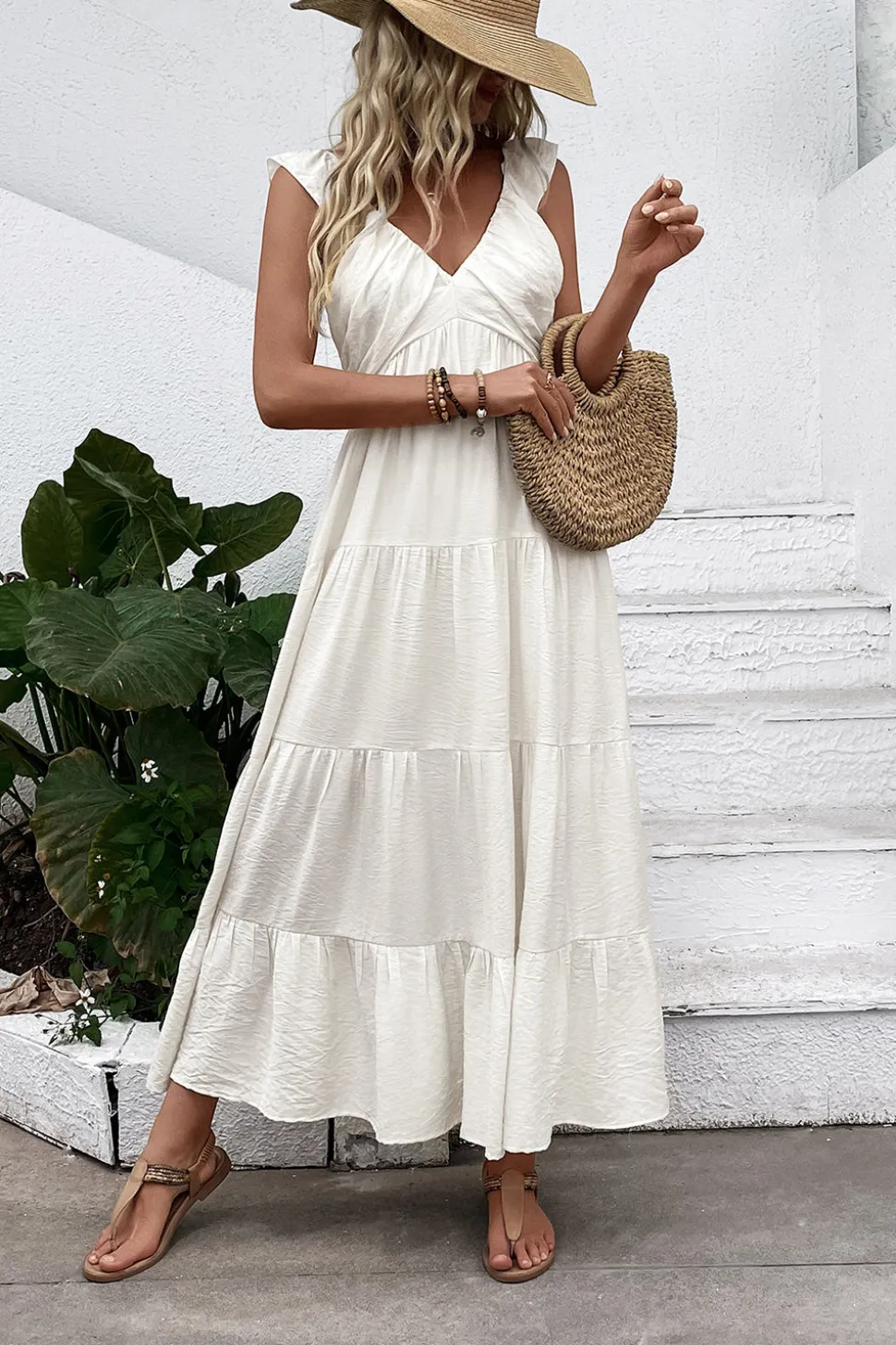 Vestido de Verão Branco Decote em V Longo Linha-A