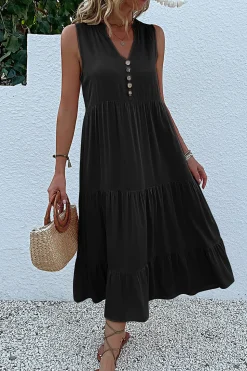 Vestido de Verão com Botões Preto Midi Linha-A Decote em V