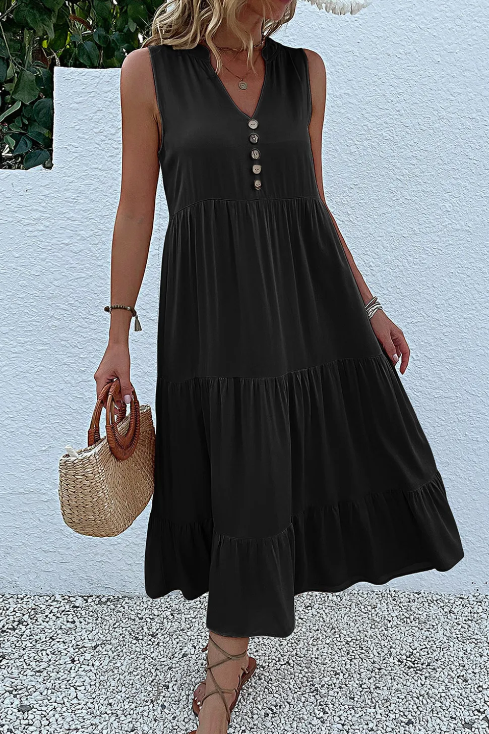 Vestido de Verão com Botões Preto Midi Linha-A Decote em V
