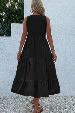 Vestido de Verão com Botões Preto Midi Linha-A Decote em V