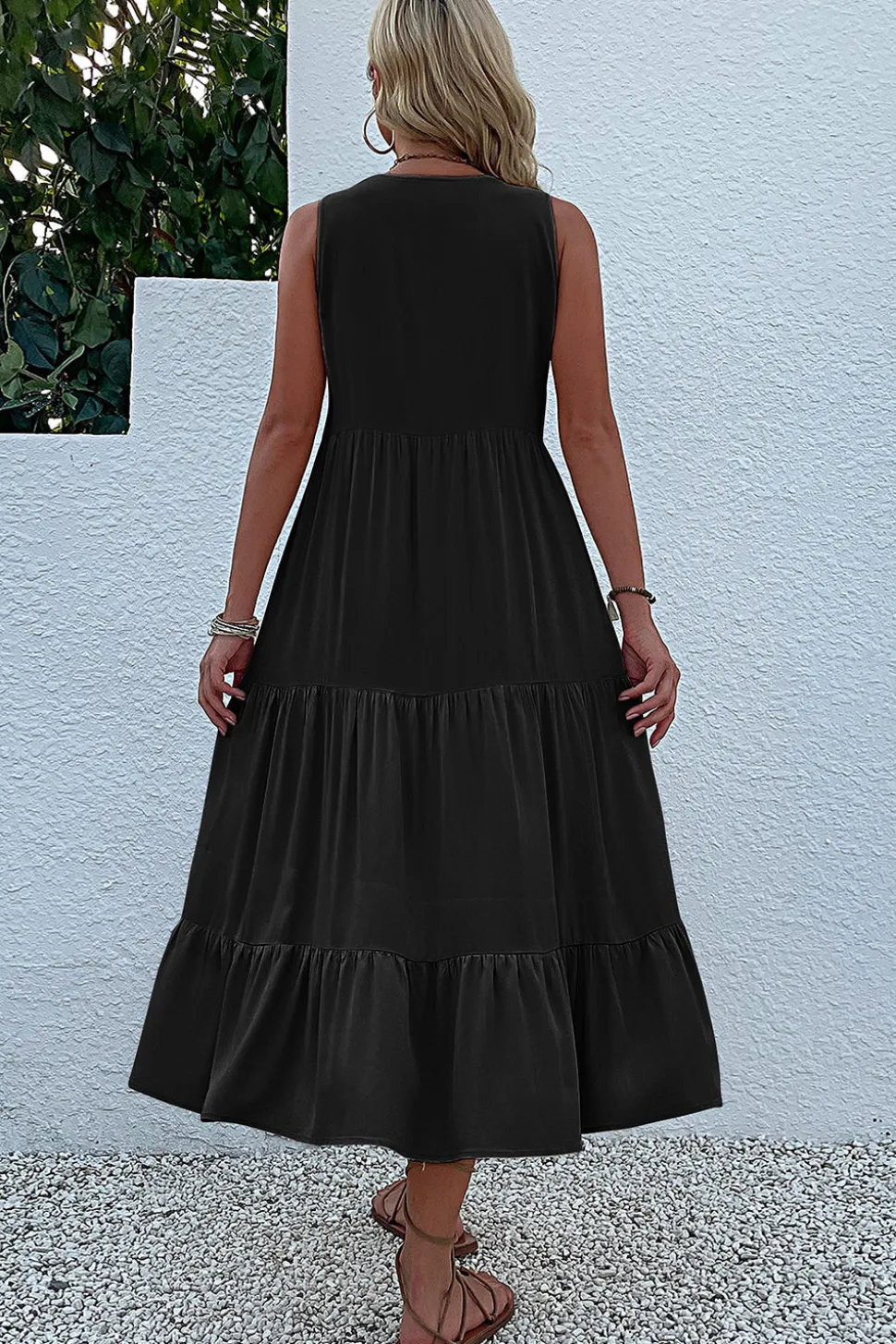 Vestido de Verão com Botões Preto Midi Linha-A Decote em V