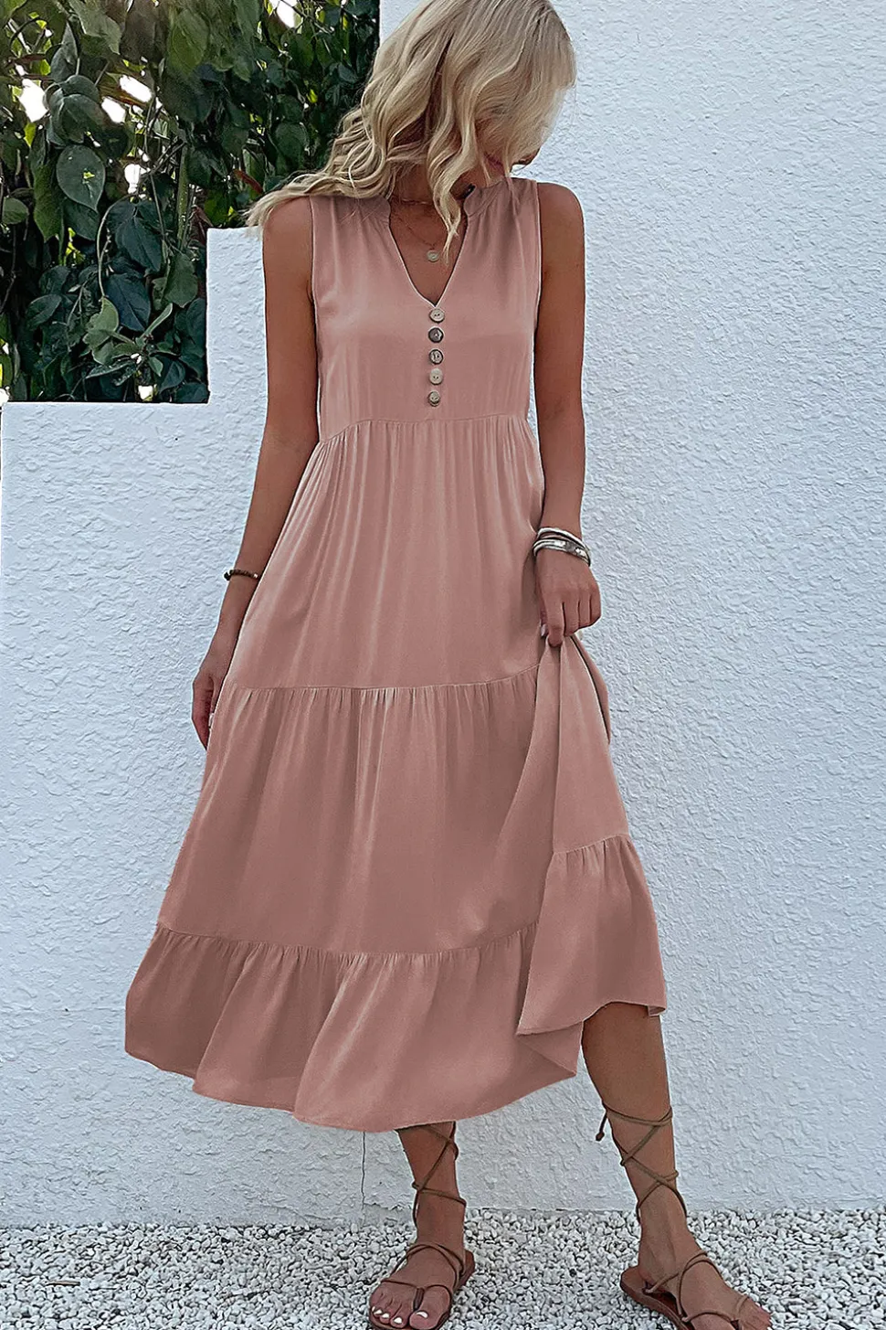 Vestido de Verão com Botões Preto Midi Linha-A Decote em V