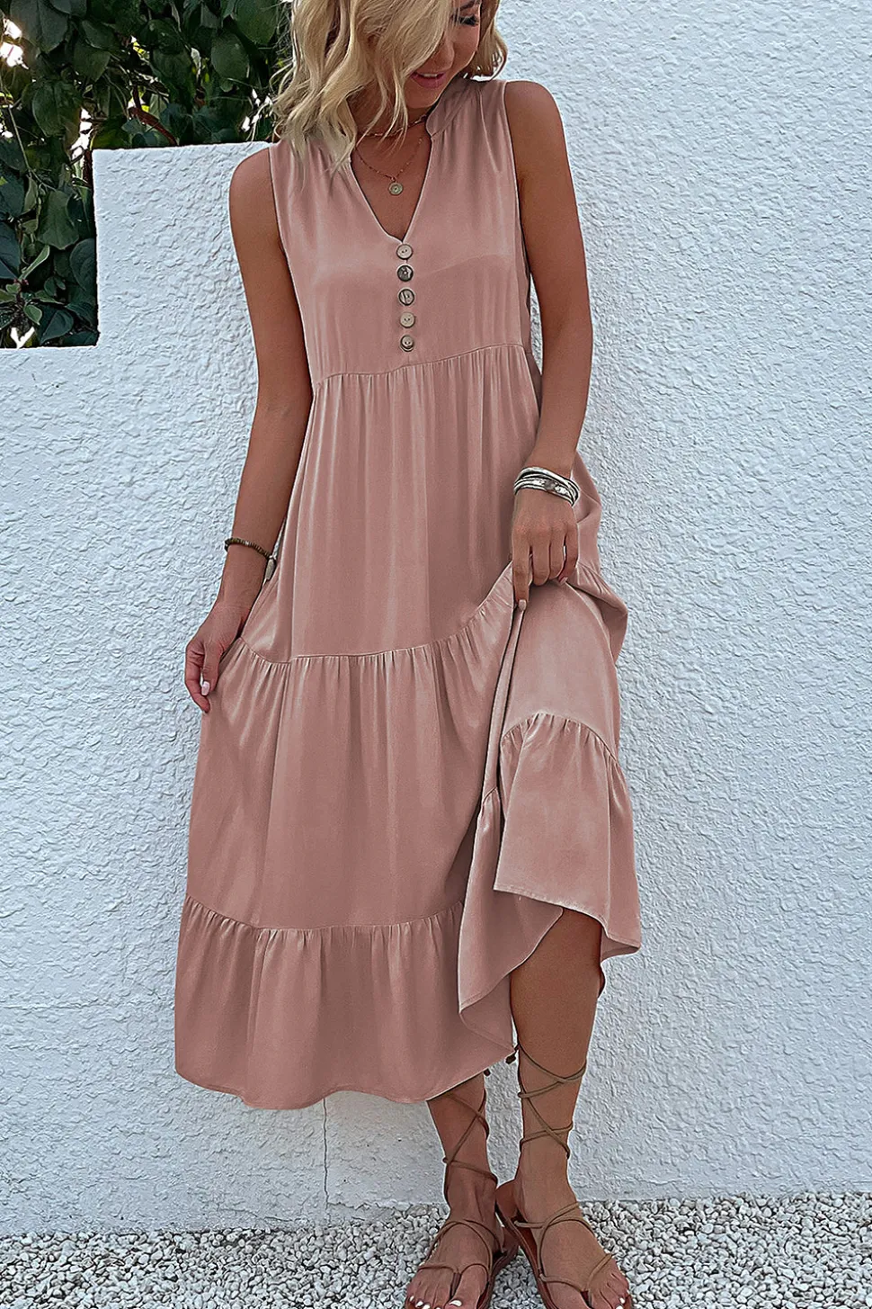 Vestido de Verão com Botões Preto Midi Linha-A Decote em V
