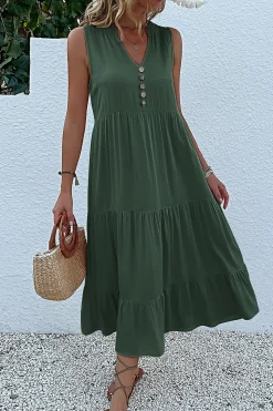 Vestido de Verão com Botões Preto Midi Linha-A Decote em V