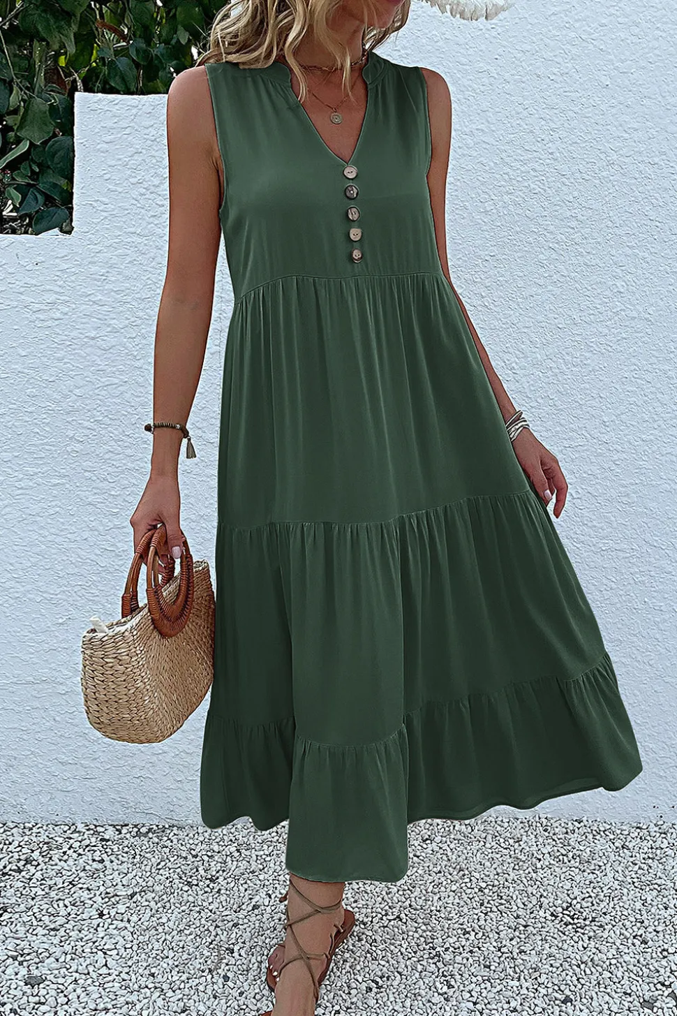 Vestido de Verão com Botões Preto Midi Linha-A Decote em V