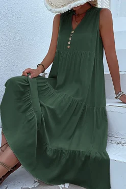 Vestido de Verão com Botões Preto Midi Linha-A Decote em V