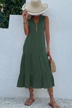 Vestido de Verão com Botões Preto Midi Linha-A Decote em V