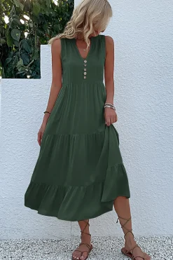 Vestido de Verão com Botões Preto Midi Linha-A Decote em V