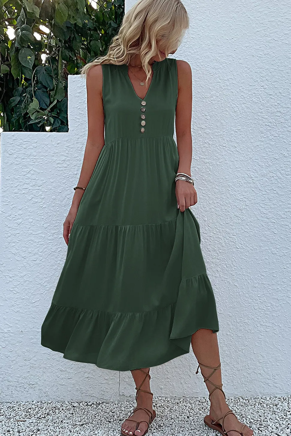 Vestido de Verão com Botões Preto Midi Linha-A Decote em V