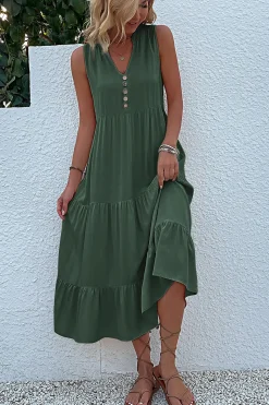 Vestido de Verão com Botões Preto Midi Linha-A Decote em V