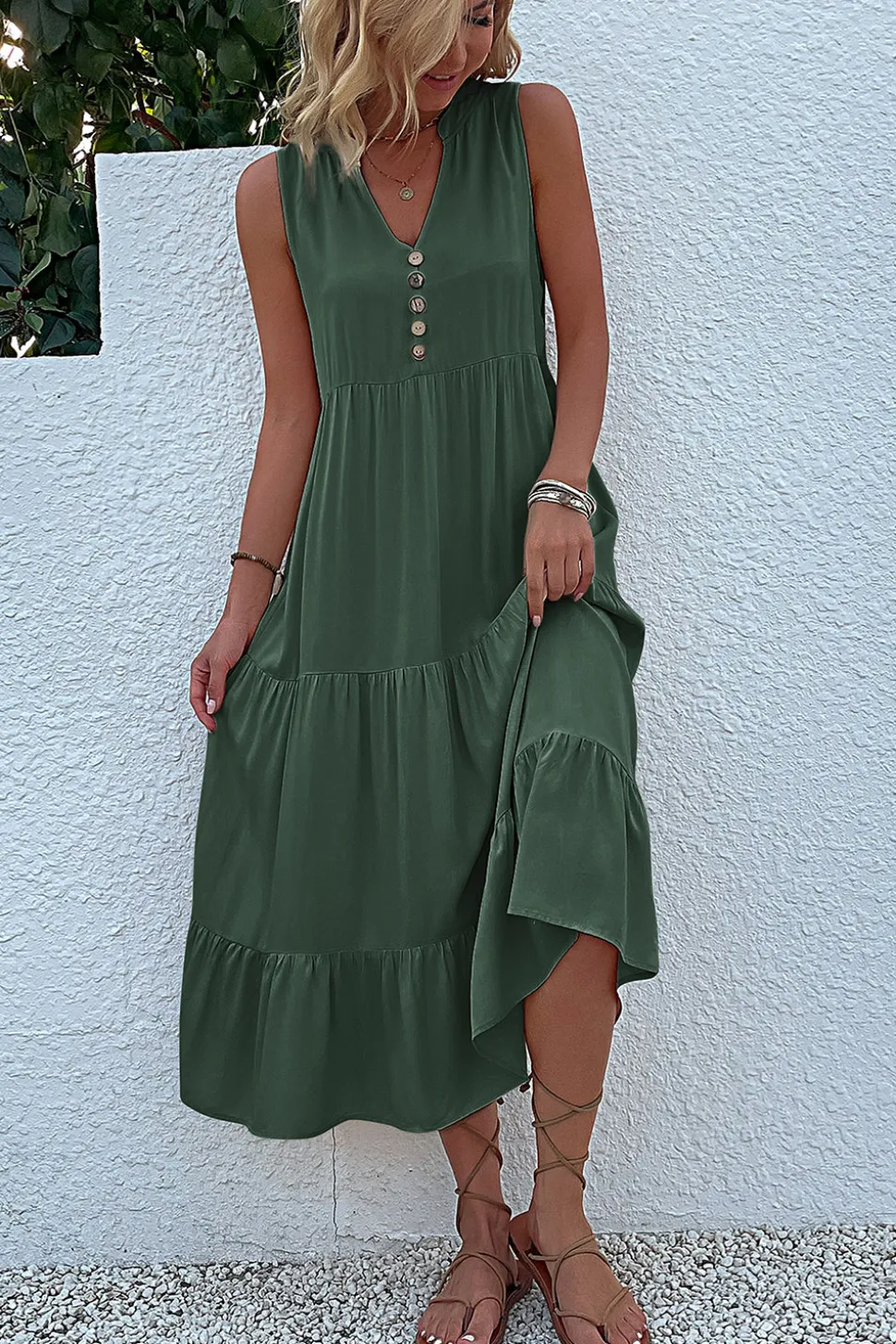 Vestido de Verão com Botões Preto Midi Linha-A Decote em V