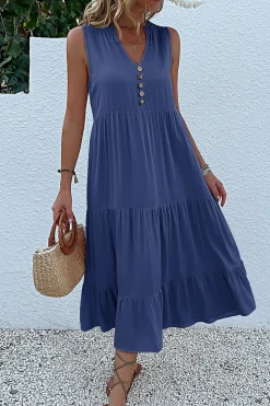 Vestido de Verão com Botões Preto Midi Linha-A Decote em V