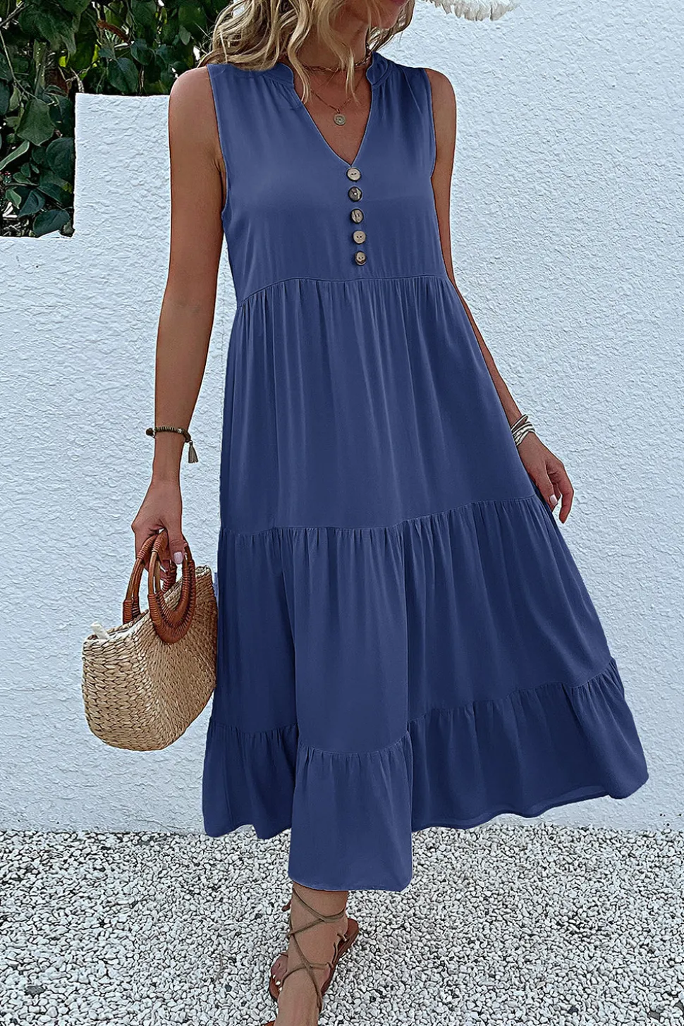 Vestido de Verão com Botões Preto Midi Linha-A Decote em V