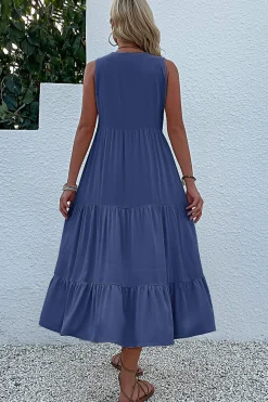 Vestido de Verão com Botões Preto Midi Linha-A Decote em V