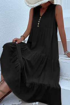 Vestido de Verão com Botões Preto Midi Linha-A Decote em V