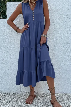 Vestido de Verão com Botões Preto Midi Linha-A Decote em V